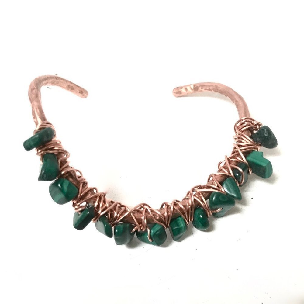 Genuine Malachite Gemstone Green Handmade Wire Wrap Cuff Solid Copper Bracelet